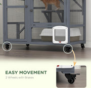 Cat Cage House Catio Indoor Enclosure on Wheels Fir Wood Grey 3 Levels