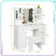 Modern Vanity Desk White Makeup Desk 5 Drawers 10 LED Lights Mirror and Stool