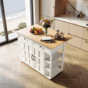2 Doors 2 Drawers Rolling Kitchen Island with Drop Leaf Tabletop and UK Socket