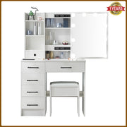 Dressing Table with Mirror, 10 LED Lights, Drawers, Stool Set Makeup Desk Vanity
