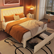 Double Bed Frame 4ft6 Beige 16-Colour LED Headboard 2 Drawers Iron 135x190cm