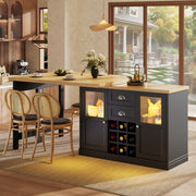360° Dining Bar Table Kitchen Island, With Storage Cabinet & LED Lights, Black