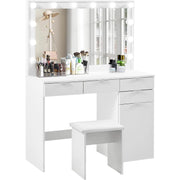 White Dressing Table with LED Lights Mirror Stool Drawers Vanity Makeup Desk Set