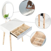 Dressing Table Vanity Set Make up Desk Oval LED Light Mirror with Stool Wood