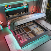 4FT6 Double Bed Frame !SALE! LED Hydraulic Storage USB Headboard Grey