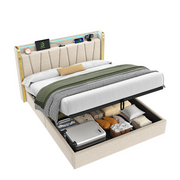 4FT6 Double Ottoman Bed Beige Linen LED USB Type-C Charging Storage Bed