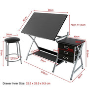Drawing Table Adjustable Drafting Table Tiltable Table Desk W/ Stool 3 Drawer