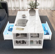 White High Gloss Rectangular Coffee Table LED Lights Storage 2 Drawers 95x55