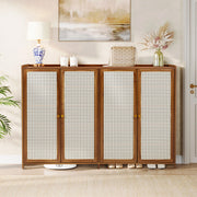 4 Doors Rattan Wood Shoe Storage Cabinet Cupboard Footwear Stand Rack Unit Retro
