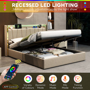 4FT6 Double Ottoman Bed Beige Linen LED USB Type-C Charging Storage Bed