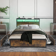 Double Size Bed Frame Metal Bed Platform LED Lights Headboard & 4 Storage Drawer