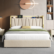 4FT6 Double Ottoman Bed Beige Linen LED USB Type-C Charging Storage Bed