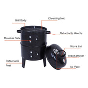 3 In 1 Charcoal Smoker BBQ Grill Patio Garden Camping Roaster with Thermometer