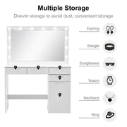 White Dressing Table with LED Lights Mirror Stool Drawers Vanity Makeup Desk Set