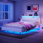 Floating Double Bed Frame w/ LED Lights & Upholstered Headboard,Charging Station
