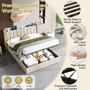 4FT6 Double Ottoman Bed Beige Linen LED USB Type-C Charging Storage Bed