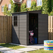 5x4ft Plastic Garden Shed w/ Floor, Window, Lockable Doors, Dark Grey Wood Grain