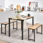 3 PCS Natural Table Set Dining Table & 2 Benches Kitchen Space-Saving Furniture