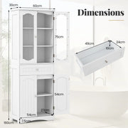 160cm Freestanding Linen Tall Bathroom Storage Cabinet 2 Glass Doors