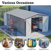 10x14FT Galvanized Metal Garden Shed Lockable Door Tool Storage shed, Grey