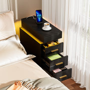 LED Bedside Table 3 Drawers Storage Cabinet Slim Nightstand w/Charging Station✅