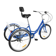24 Inch Adult Trike Tricycle Foldable 3 Wheel Bike 7-Speed With Basket Blue UK
