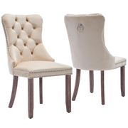 Set of 2 Dining Chairs !SALE! Beige Velvet Button Tufted Upholstered Wood Legs