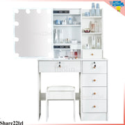 Dressing Table White Vanity Set Makeup Desk with Stool Mirror 6Drawer LED Lights