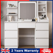 LED White Dressing Table Vanity Makeup Desk With 7 Drawer & Shelves & LED Mirror