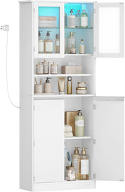 Kitchen Pantry Cupboard LED Tall White Storage Cabinet Glass Doors Shelves 170cm