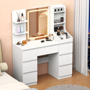 LED White Dressing Table Vanity Makeup Desk With 7 Drawer & Shelves & LED Mirror