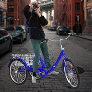 24 Inch Adult Trike Tricycle Foldable 3 Wheel Bike 7-Speed With Basket Blue UK