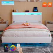 Floating Double Bed Frame w/ LED Lights & Upholstered Headboard,Charging Station