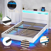 Floating Double Bed Frame w/ LED Lights & Upholstered Headboard,Charging Station