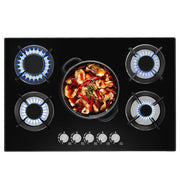 OYAJIA 77cm Black 5 Burner Gas On Glass Hob With Cast Iron Pan Stands