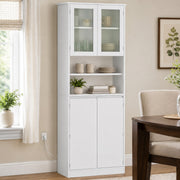 Kitchen Pantry Cupboard LED Tall White Storage Cabinet Glass Doors Shelves 170cm