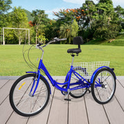 24 Inch Adult Trike Tricycle Foldable 3 Wheel Bike 7-Speed With Basket Blue UK