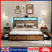 Double Size Bed Frame Metal Bed Platform LED Lights Headboard & 4 Storage Drawer