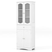 160cm Freestanding Linen Tall Bathroom Storage Cabinet 2 Glass Doors