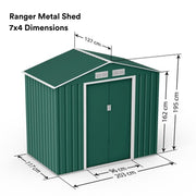 Metal Shed Outdoor Garden Storage 7x4 - 11x14 Apex Roof Galvanised Steel Ranger
