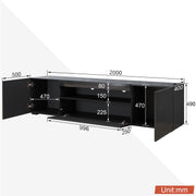 200cm High Gloss TV Stand Black Cabinet Unit Doors Storage with RGB LED Cupboard