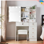 Dressing Table White Vanity Set Makeup Desk with Stool Mirror 6Drawer LED Lights