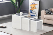 Nest of 3 Tables Grey Tempered Glass Top White High Gloss Side End Coffee Home
