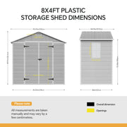 8 X 4FT Plastic Garden with Double Doors Lockable Outdoor Storage Shed W/ Window