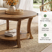 80cm Modern Round Solid Wood Coffee Table with Storage Shelf for Living Room
