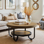 80cm Round Coffee Table 2-Tier Industrial Accent Center Table with Storage Shelf