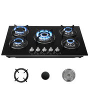 OYAJIA 77cm Black 5 Burner Gas On Glass Hob With Cast Iron Pan Stands