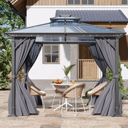 XL Hardtop Gazebo Garden Pavilion Metal Frame Polycarbonate Roof with Curtains