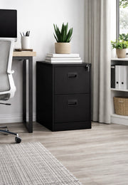 Black 2 Drawer Home Office Steel Filing Cabinet with Lockable Storage Cupboard