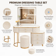 Dressing Table Set with LED Mirror Storage Cabinet Makeup Vanity Cushioned Stool